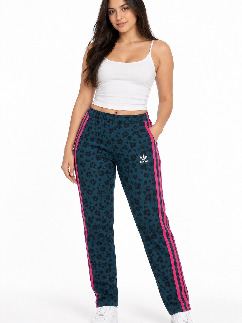 adidas Teal Leopard Print Track Pants with Pink Side Stripes